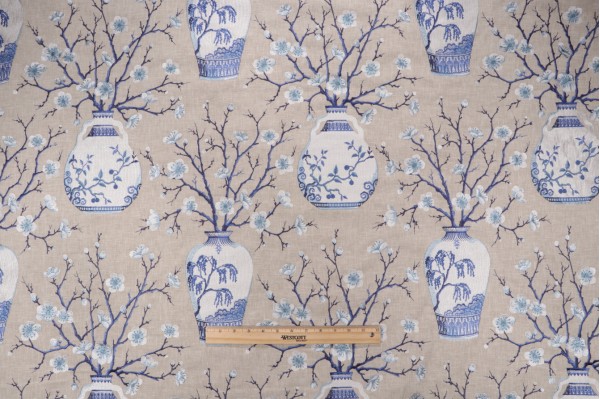 Sample of P Kaufmann Katsuma Embroidered Drapery Fabric in Porcelain 