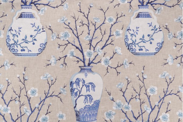 Sample of P Kaufmann Katsuma Embroidered Drapery Fabric in Porcelain 