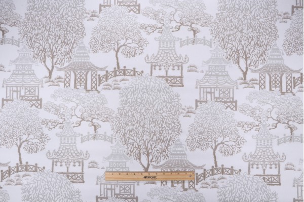 P Kaufmann Kyoto Pagoda Printed Cotton Drapery Fabric in Silver Mist 