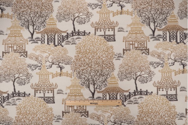 P Kaufmann Kyoto Pagoda Printed Cotton Drapery Fabric in Antique Gold 
