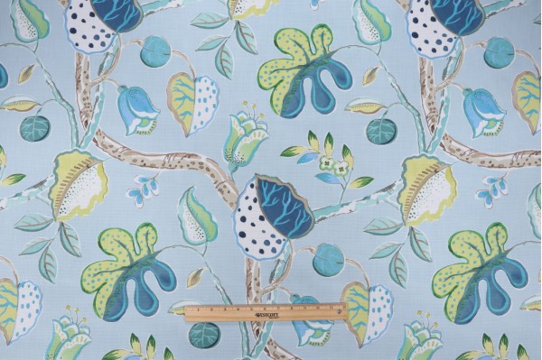 P Kaufmann Aurora Vine Printed Cotton Drapery Fabric in Aqua 