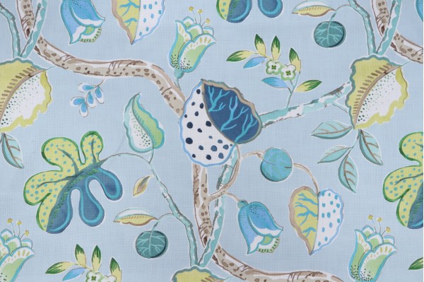 P Kaufmann Aurora Vine Printed Cotton Drapery Fabric in Aqua 