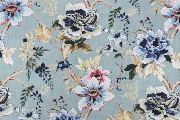 Hamilton Belladonna Printed Cotton Drapery Fabric in Mist 
