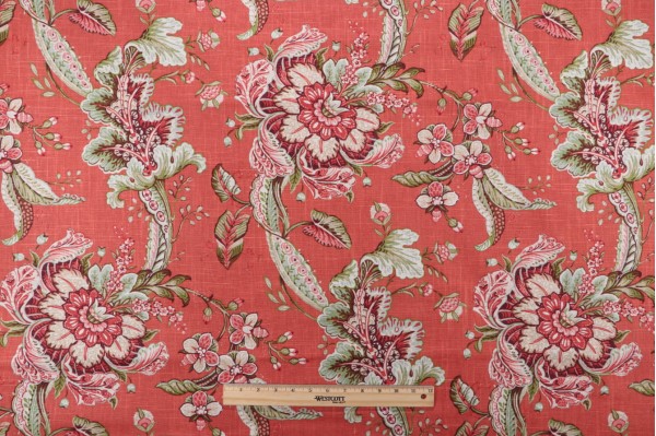 Robert Allen Clarence Printed Linen Blend Drapery Fabric in Melon