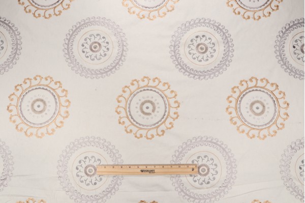 Suzani Embroidered Drapery Fabric in Mineral