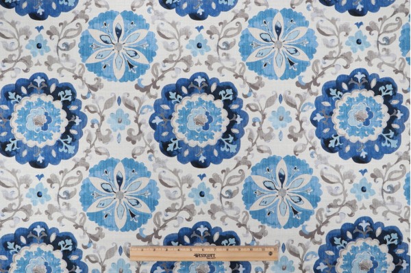 Click for 1 Yards PK Lifestyles Soumak Suzani Printed Cotton Drapery Fabric in Lapis PK Lifestyles Soumak Suzani Printed Cotton Drapery Fabric in Lapis
