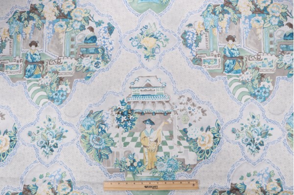 P Kaufmann Teahouse Toile Printed Cotton Twill Drapery Fabric in Tea Green