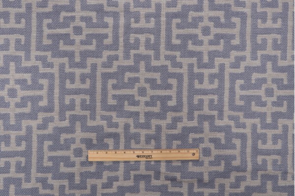 Key Medallion Tapestry Upholstery Fabric in Denim