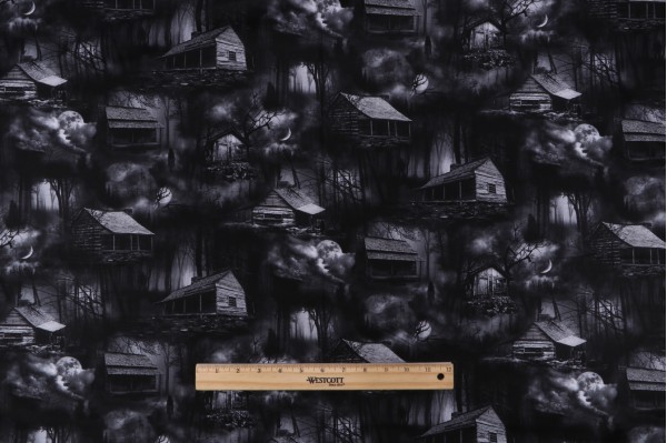 Fabrics Of SoHo Wicked - Spooky Cabins In The Woods Printed Cotton Craft Fabric in Smoke for Timeless Treasures 