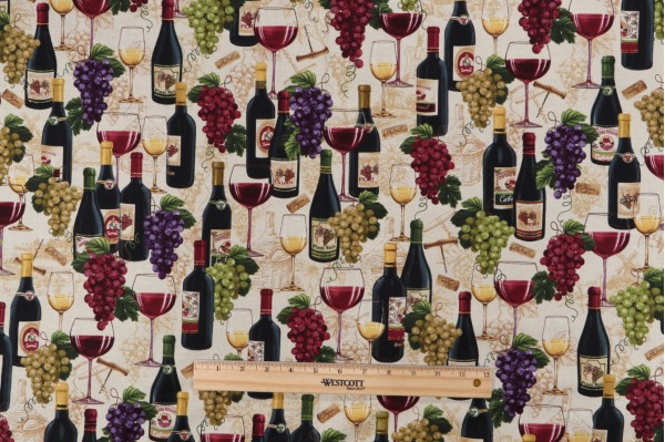 Fabrics Of SoHo Wine Country - Wine Bottles and Grapes Printed Cotton Craft Fabric in Sand for Timeless Treasures 