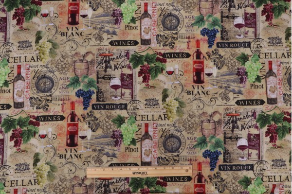 Fabrics Of SoHo Wine Country - Vintage Wine and Grape on Text Printed Cotton Craft Fabric in Beige for Timeless Treasures 