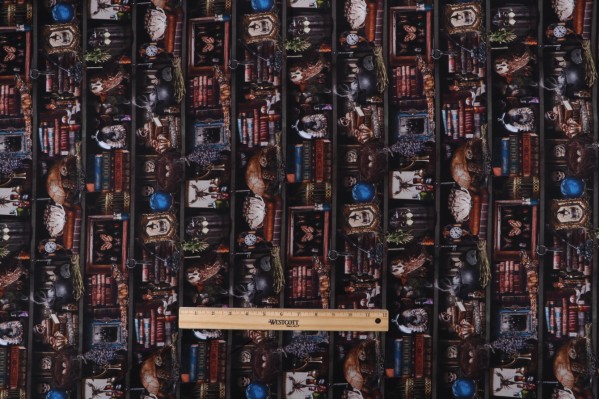 Sample of Fabrics of SoHo Mad Scientist - Witch Apothecary Book Shelf Printed Cotton Craft Fabric in Brown for Timeless Treasures 