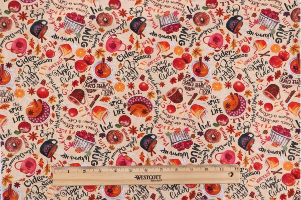 Gail Cadden Fabrics of SoHo Cider Season - Apple Cider and Text Printed Cotton Craft Fabric in Cider for Timeless Treasures 