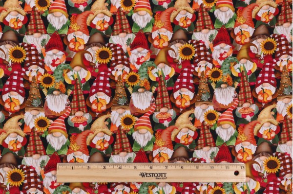 Gail Cadden Fabrics of SoHo Cider Season - Harvest Gnomes Printed Cotton Craft Fabric in Black for Timeless Treasures 