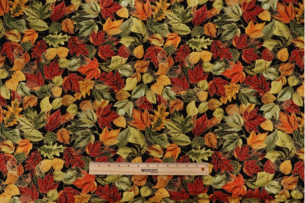 Fabrics of SoHo Fall Is In The Air - Metallic Fall Leaves Printed Cotton Craft Fabric in Black for Timeless Treasures 
