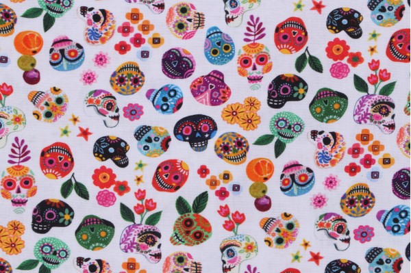 Miriam Bos Holy Frida - Skulls Printed Cotton Craft Fabric in White for Dear Stella 
