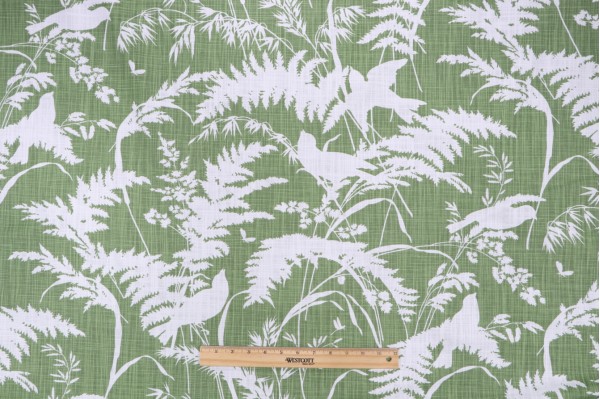 Lacefield Aviary-Concord Printed Cotton Drapery Fabric in Moss 