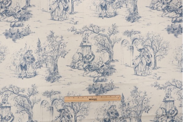 Stof France Galanterie Toile Printed Cotton Drapery Fabric in Bleu 