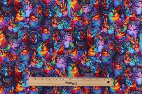 Sample of Chong-A Hwang Fabrics of SoHo Wildcat - Packed Rainbow Cats Printed Cotton Craft Fabric in Multi 