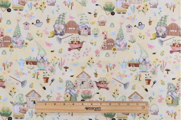 Click for Gail Cadden Gnome Grown - Gnome Grown Garden Scene Printed Cotton Craft Fabric in Yellow for Timeless Treasures  Gail Cadden Gnome Grown - Gnome Grown Garden Scene Printed Cotton Craft Fabric in Yellow for Timeless Treasures