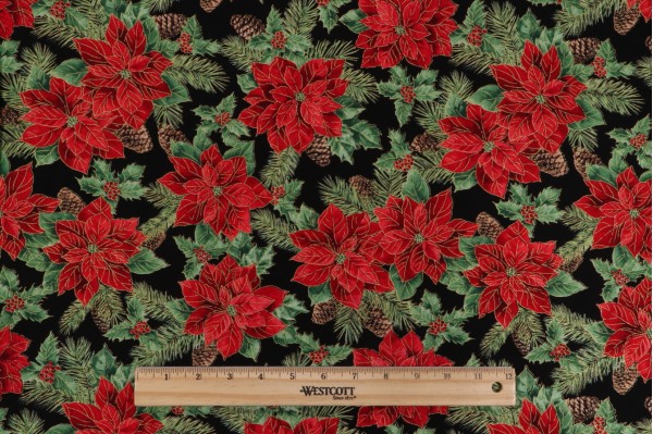 Timeless Treasures Christmas Magic - Christmas Poinsettia Printed Cotton Craft Fabric in Black 