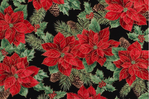 Timeless Treasures Christmas Magic - Christmas Poinsettia Printed Cotton Craft Fabric in Black 