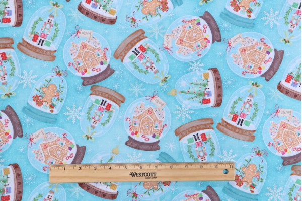Timeless Treasures Gingerbread Dreams - Snowglobes Printed Cotton Craft Fabric in Turquoise 