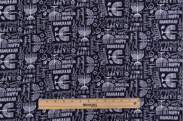Gail Cadden Hanukkah - Menorah & Happy Hanukkah Text Printed Cotton Craft Fabric in Navy for Timeless Treasures 