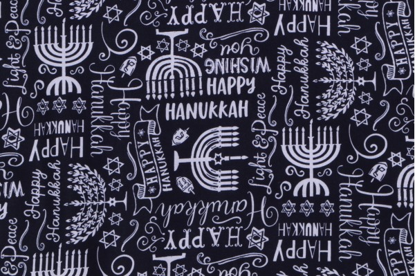Gail Cadden Hanukkah - Menorah & Happy Hanukkah Text Printed Cotton Craft Fabric in Navy for Timeless Treasures 