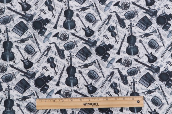 Timeless Treasures Sonata - Grey Instruments & Music Notes Printed Cotton Craft Fabric in Cream 