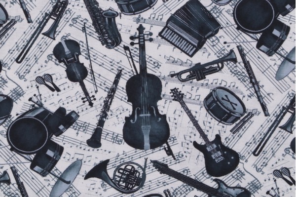 Timeless Treasures Sonata - Grey Instruments & Music Notes Printed Cotton Craft Fabric in Cream 