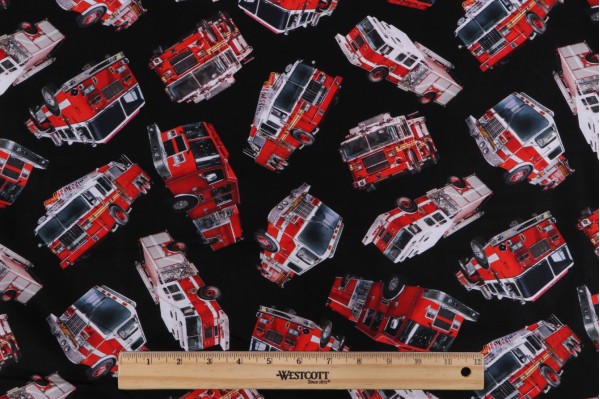 Sample of Timeless Treasures Fire Rescue - Tossed Fire Engine Printed Cotton Craft Fabric in Black 