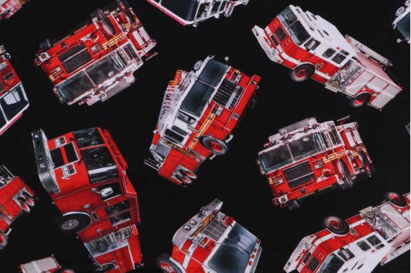 Sample of Timeless Treasures Fire Rescue - Tossed Fire Engine Printed Cotton Craft Fabric in Black 