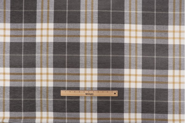Sample of Thibaut Percival Plaid W80079 Woven Chenille Upholstery Fabric in Charcoal/Yellow 