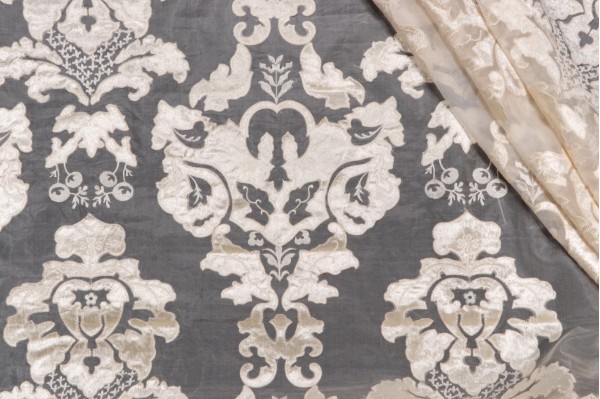 Scalamandre Palazza Ricci Sheer Velvet Embroidered Drapery Fabric in Ivory