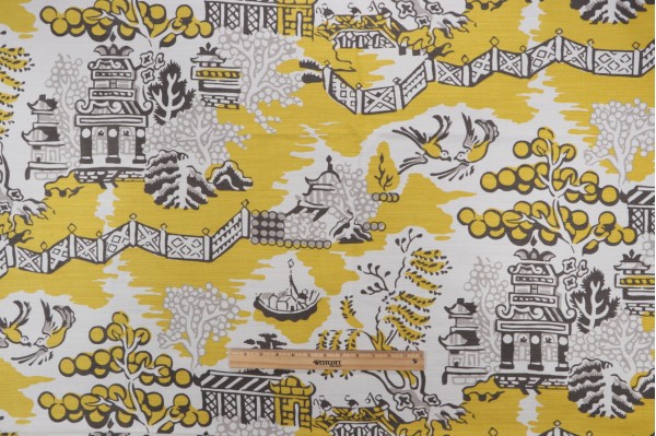 Sample of Anna French Luzon F936109 Printed Linen Blend Drapery Fabric in Grey and Lemon for Thibaut 