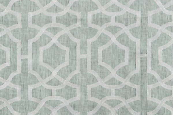 Sample of Anna French Alston Trellis W713031 Embroidered Linen Drapery Fabric in Cream on Seaglass for Thibaut 