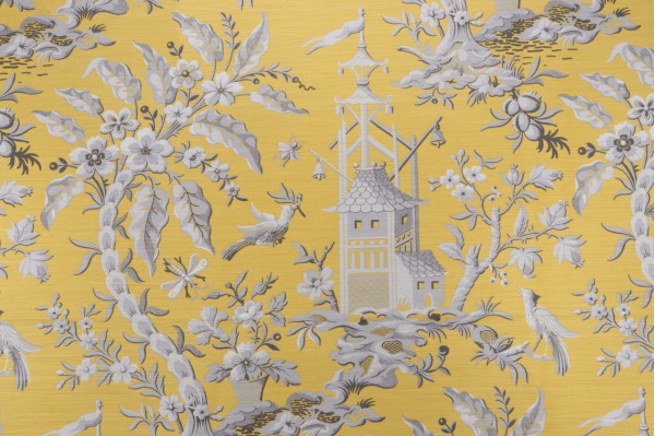 Sample of Thibaut Pagoda Garden F914206 Printed Linen Blend Drapery Fabric in Yellow 
