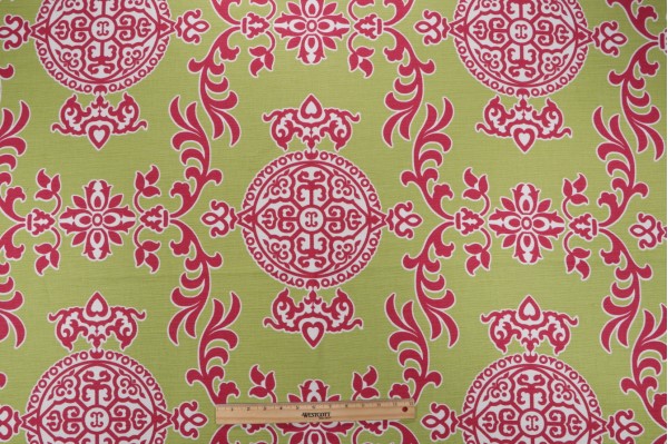 Thibaut Halie F936112 Printed Linen Blend Drapery Fabric in Green & Raspberry 