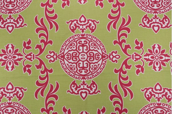 Thibaut Halie F936112 Printed Linen Blend Drapery Fabric in Green & Raspberry 