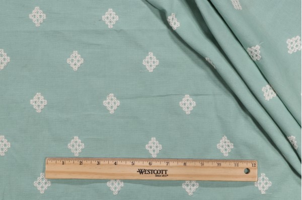 Sample of Thibaut Zambia W736119 Embroidered Cotton Drapery Fabric in Aqua 
