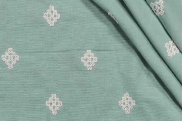 Sample of Thibaut Zambia W736119 Embroidered Cotton Drapery Fabric in Aqua 