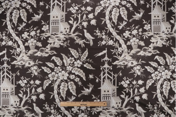 Sample of Thibaut Pagoda Garden F914207 Printed Linen Blend Drapery Fabric in Charcoal 