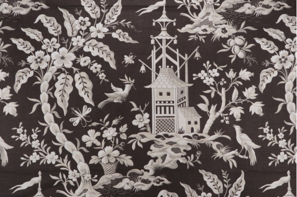 Sample of Thibaut Pagoda Garden F914207 Printed Linen Blend Drapery Fabric in Charcoal 