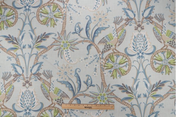 Thibaut Peacock Garden F924360 Printed Linen Drapery Fabric in Aqua