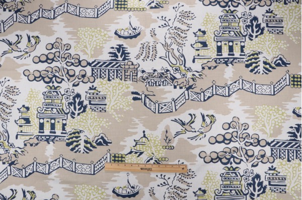 Anna French Luzon F936110 Printed Linen Blend Drapery Fabric in Navy on Beige for Thibaut