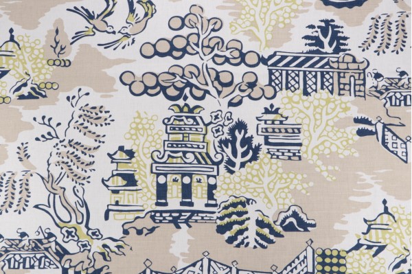 Anna French Luzon F936110 Printed Linen Blend Drapery Fabric in Navy on Beige for Thibaut