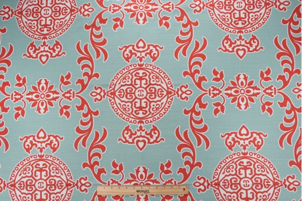 Thibaut Halie F936113 Printed Linen Blend Drapery Fabric in Aqua & Coral