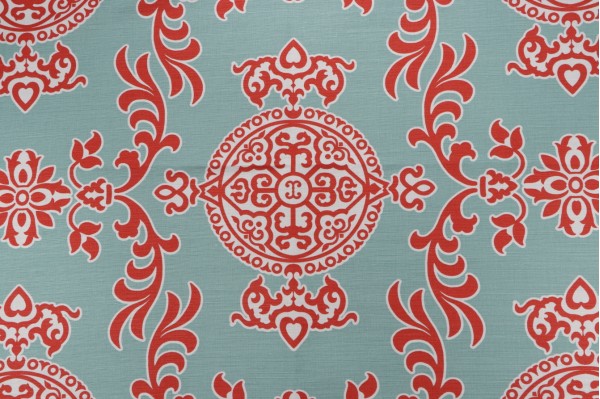 Thibaut Halie F936113 Printed Linen Blend Drapery Fabric in Aqua & Coral