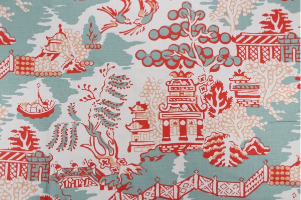 Click for 1 Yards Anna French Luzon F936107 Printed Linen Blend Drapery Fabric in Aqua & Coral for Thibaut Anna French Luzon F936107 Printed Linen Blend Drapery Fabric in Aqua & Coral for Thibaut